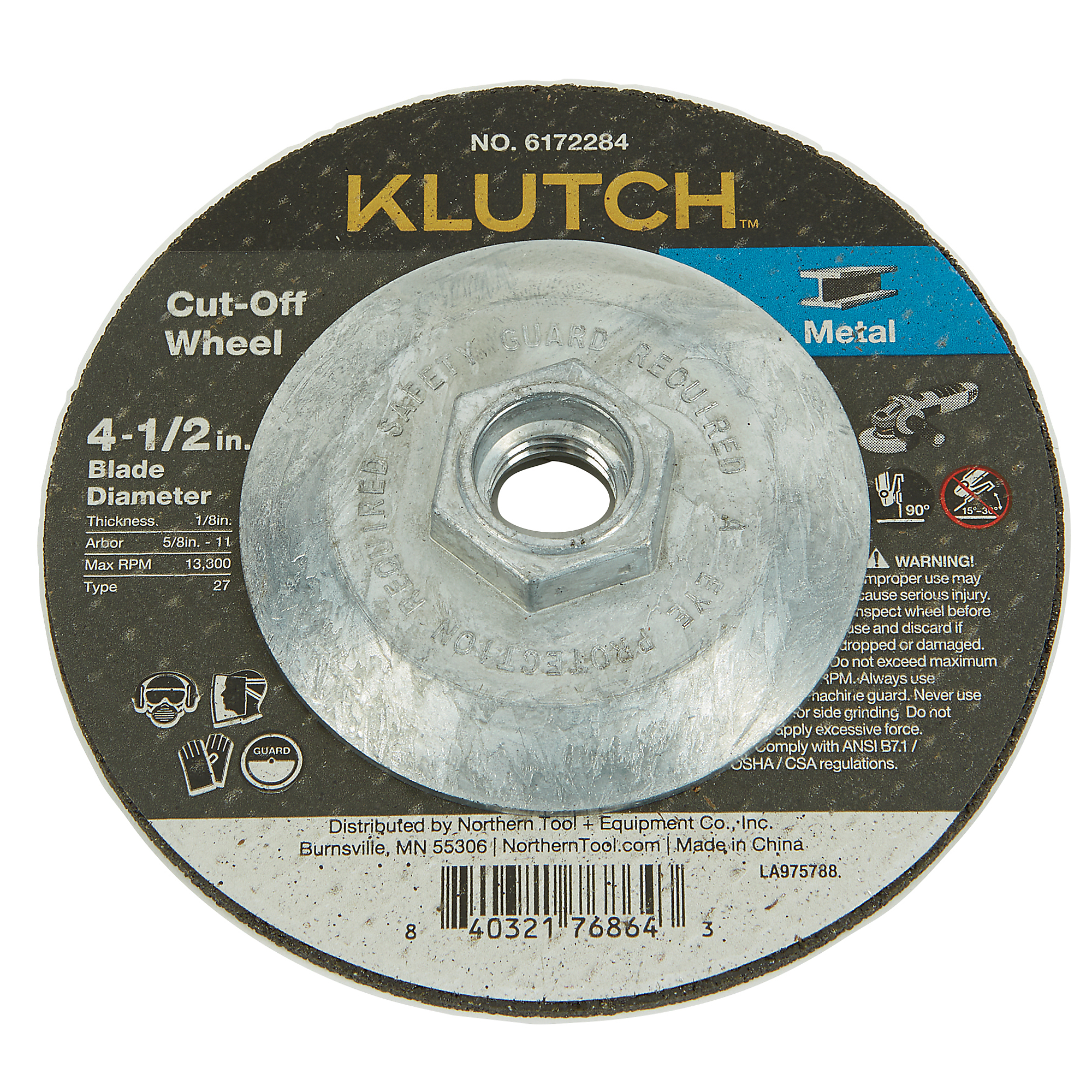 Klutch DCW Metal Hubbed Cutoff Wheel, 4-1/2in. x 1/8in. x 5/8in.-11, Type 27